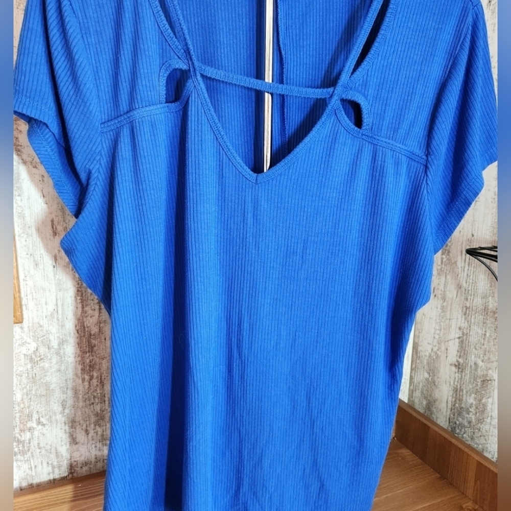 Prevent Child Abuse Blue Ribbed Top Candies 2X Short Sleeve Unique V-Neck